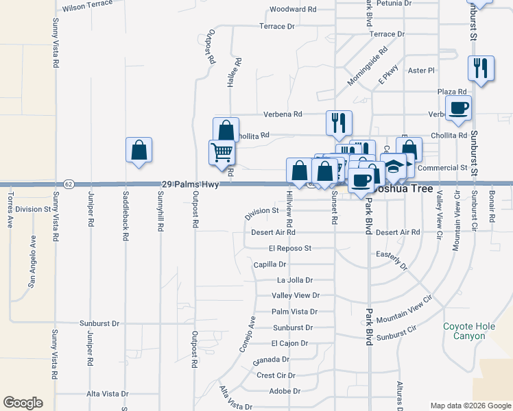 map of restaurants, bars, coffee shops, grocery stores, and more near 61480 Division Street in Joshua Tree