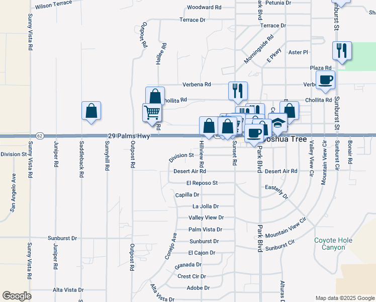 map of restaurants, bars, coffee shops, grocery stores, and more near 61480 Division Street in Joshua Tree