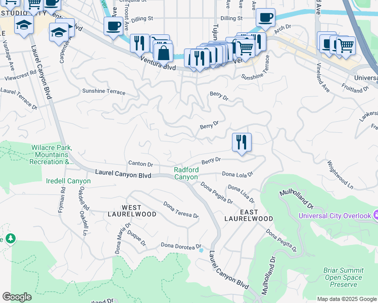 map of restaurants, bars, coffee shops, grocery stores, and more near 11349 Canton Drive in Los Angeles