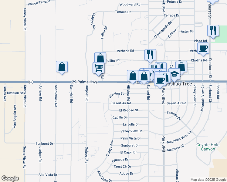 map of restaurants, bars, coffee shops, grocery stores, and more near 61480 Division Street in Joshua Tree