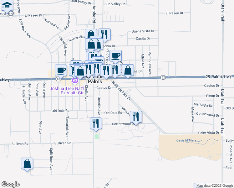 map of restaurants, bars, coffee shops, grocery stores, and more near 6602 Mesquite Avenue in Twentynine Palms