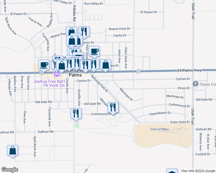 map of restaurants, bars, coffee shops, grocery stores, and more near 6651 National Park Drive in Twentynine Palms