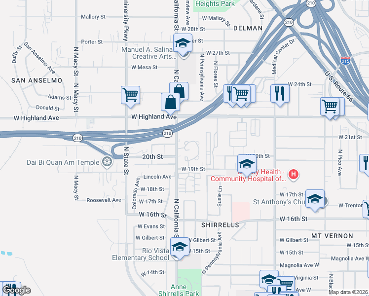 map of restaurants, bars, coffee shops, grocery stores, and more near 2000 Jubilee Court in San Bernardino