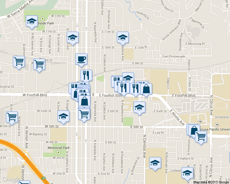 map of restaurants, bars, coffee shops, grocery stores, and more near 401 East Foothill Boulevard in Azusa