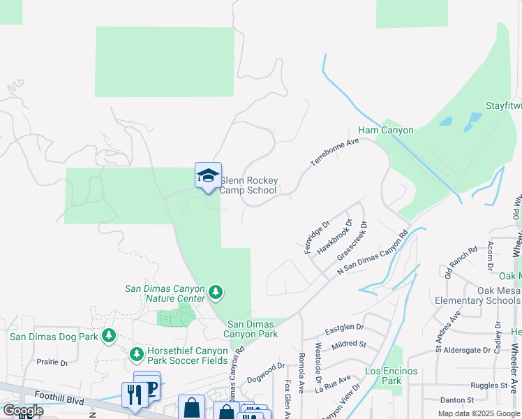 map of restaurants, bars, coffee shops, grocery stores, and more near 2457 Terrebonne Avenue in San Dimas