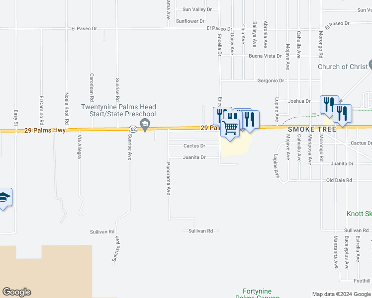 map of restaurants, bars, coffee shops, grocery stores, and more near 71565 Cactus Drive in Twentynine Palms