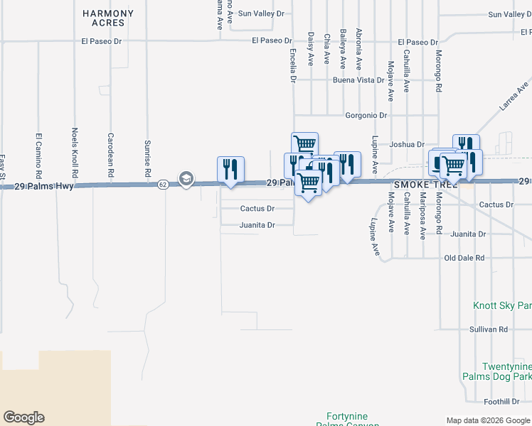 map of restaurants, bars, coffee shops, grocery stores, and more near 71621 Cactus Drive in Twentynine Palms