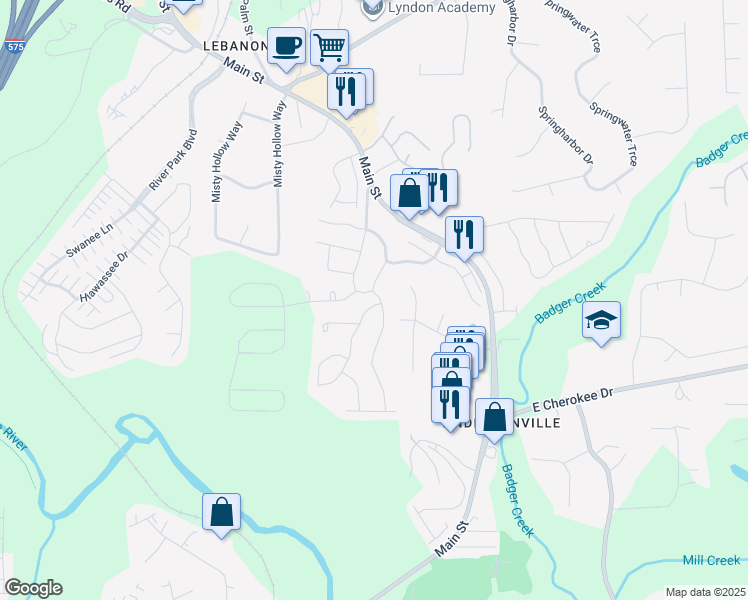 map of restaurants, bars, coffee shops, grocery stores, and more near 142 Archie Way in Woodstock