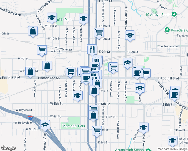 map of restaurants, bars, coffee shops, grocery stores, and more near in Azusa