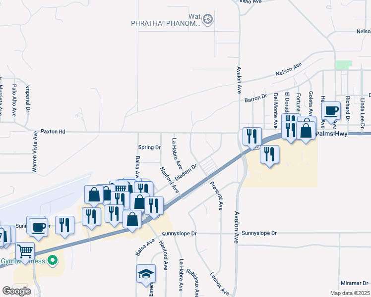 map of restaurants, bars, coffee shops, grocery stores, and more near 6560 Prescott Avenue in Yucca Valley