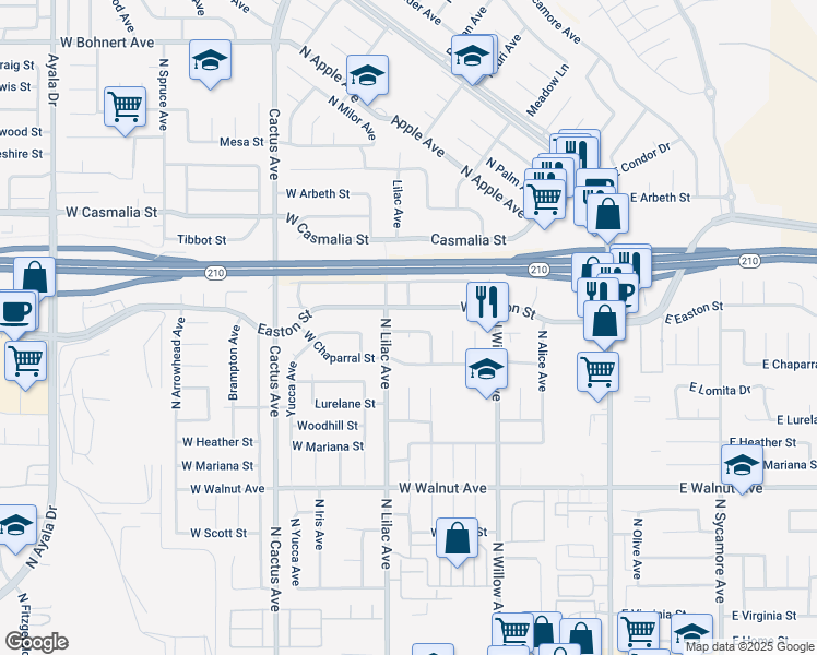 map of restaurants, bars, coffee shops, grocery stores, and more near 440 West Cromwell Street in Rialto