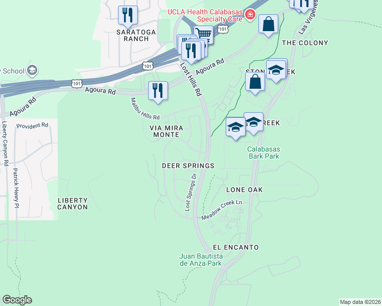 map of restaurants, bars, coffee shops, grocery stores, and more near 26816 Cold Springs Street in Agoura Hills