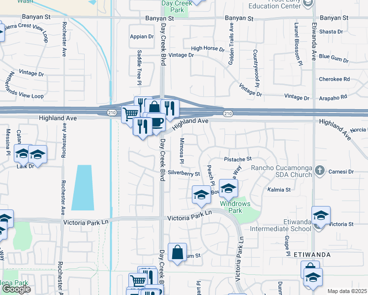 map of restaurants, bars, coffee shops, grocery stores, and more near 12331 Dove Tree Drive in Rancho Cucamonga