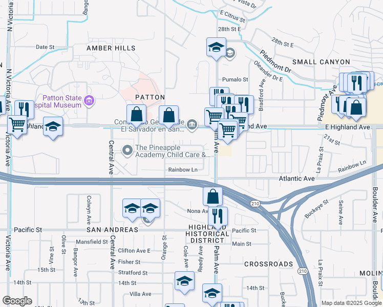 map of restaurants, bars, coffee shops, grocery stores, and more near 3500 20th Street in Highland