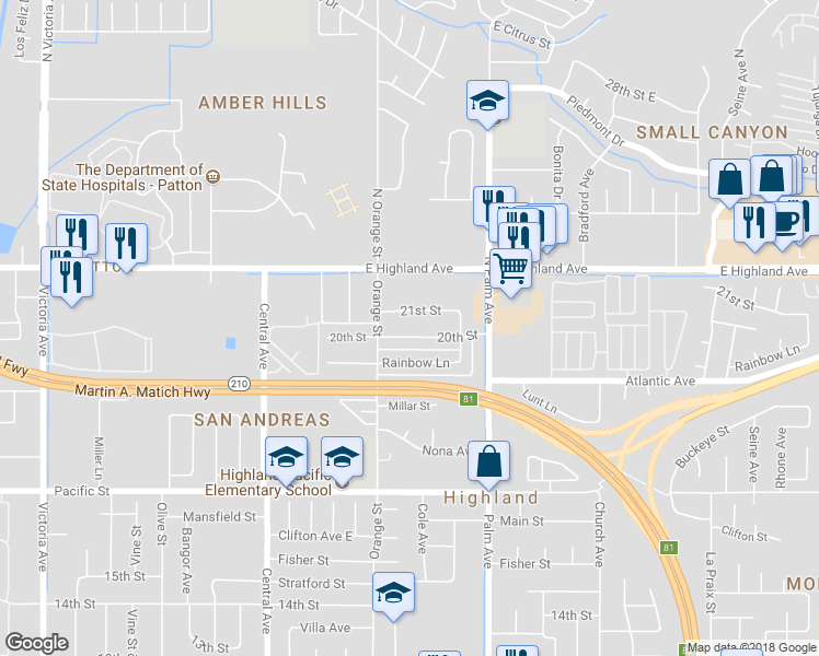 map of restaurants, bars, coffee shops, grocery stores, and more near 3454 20th Street in Highland