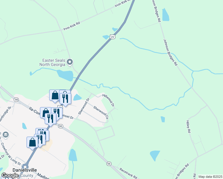 map of restaurants, bars, coffee shops, grocery stores, and more near 349 Hillwood Drive in Danielsville