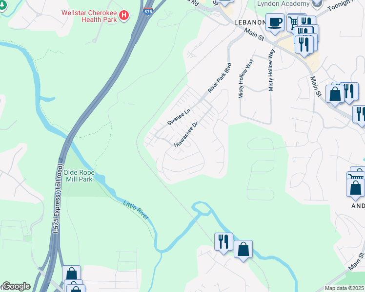 map of restaurants, bars, coffee shops, grocery stores, and more near 311 Hiawassee Drive in Woodstock