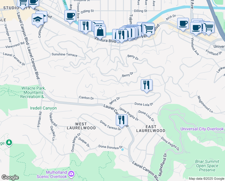 map of restaurants, bars, coffee shops, grocery stores, and more near 11430 Amanda Drive in Los Angeles