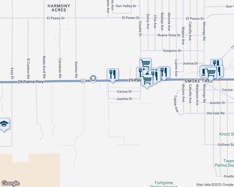 map of restaurants, bars, coffee shops, grocery stores, and more near 71545 Cactus Drive in Twentynine Palms