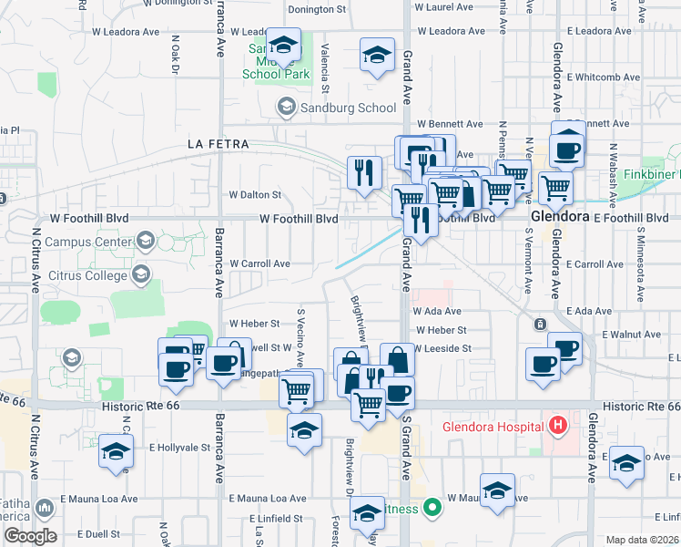 map of restaurants, bars, coffee shops, grocery stores, and more near 665 West Lochleven Street in Glendora