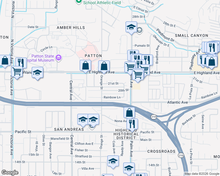 map of restaurants, bars, coffee shops, grocery stores, and more near 3454 20th Street in Highland