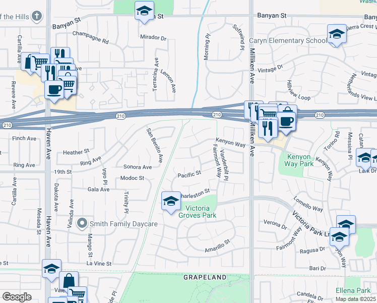 map of restaurants, bars, coffee shops, grocery stores, and more near 11049 Kenyon Way in Rancho Cucamonga