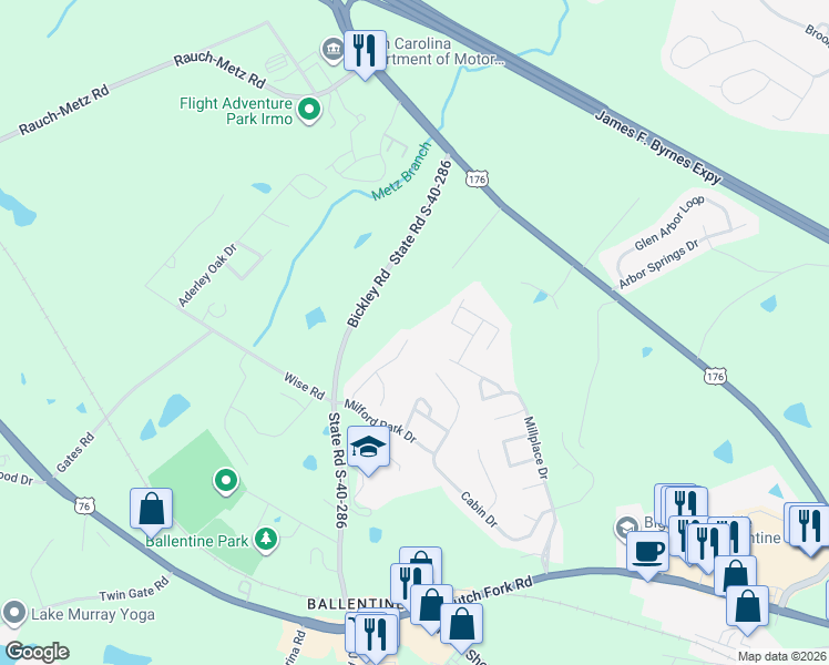 map of restaurants, bars, coffee shops, grocery stores, and more near 226 Blue Mountain Drive in Irmo