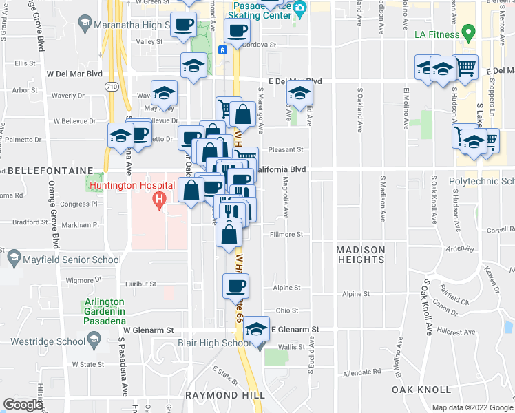 map of restaurants, bars, coffee shops, grocery stores, and more near 687 South Marengo Avenue in Pasadena