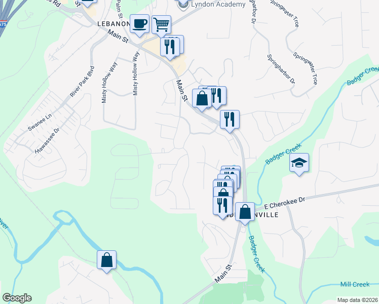 map of restaurants, bars, coffee shops, grocery stores, and more near 145 Archie Way in Woodstock