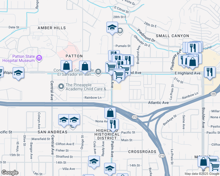 map of restaurants, bars, coffee shops, grocery stores, and more near 2004 Palm Avenue in Highland