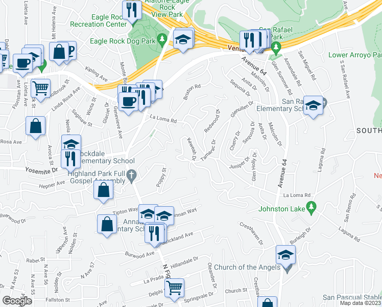 map of restaurants, bars, coffee shops, grocery stores, and more near 1770 Kaweah Drive in Pasadena
