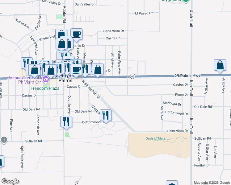 map of restaurants, bars, coffee shops, grocery stores, and more near 74024 Pinon Drive in Twentynine Palms