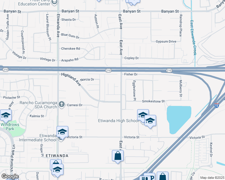 map of restaurants, bars, coffee shops, grocery stores, and more near 6612 Pear Avenue in Rancho Cucamonga