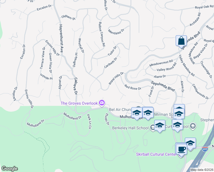 map of restaurants, bars, coffee shops, grocery stores, and more near 16405 Royal Hills Drive in Los Angeles
