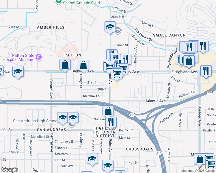 map of restaurants, bars, coffee shops, grocery stores, and more near 2004 Palm Avenue in Highland