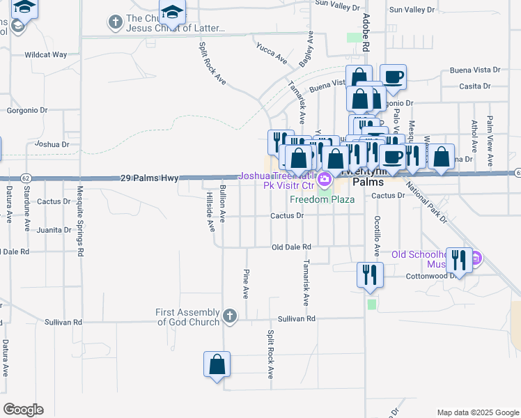 map of restaurants, bars, coffee shops, grocery stores, and more near 6587 Oasis Avenue in Twentynine Palms