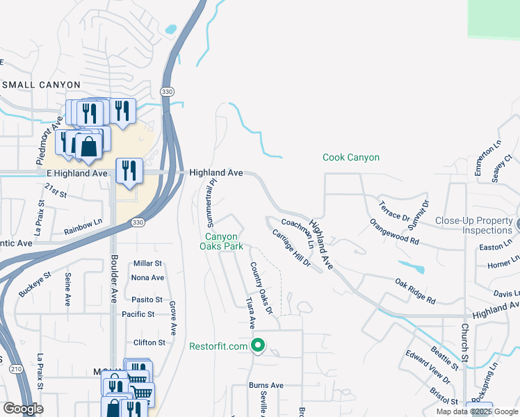 map of restaurants, bars, coffee shops, grocery stores, and more near 28350 Highland Avenue in Highland