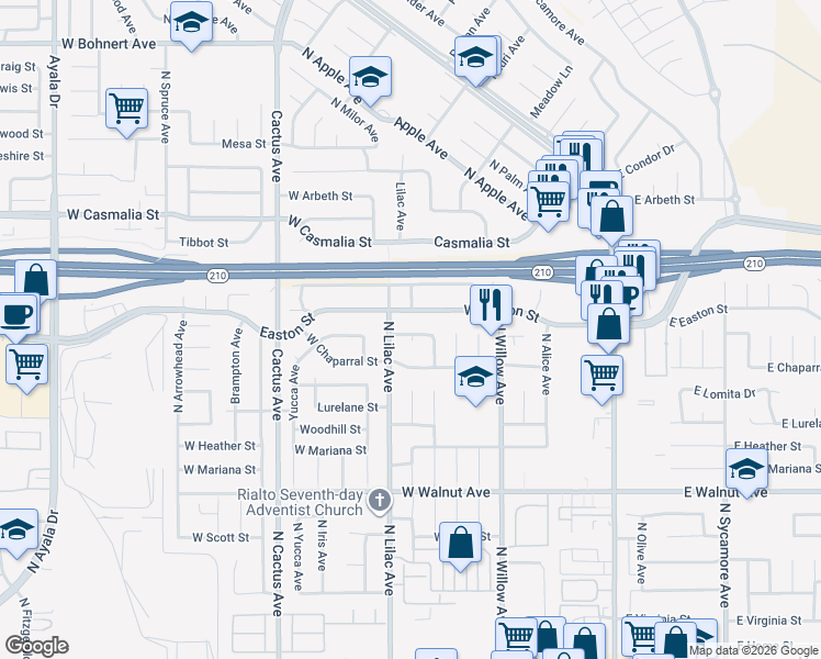 map of restaurants, bars, coffee shops, grocery stores, and more near 440 West Cromwell Street in Rialto