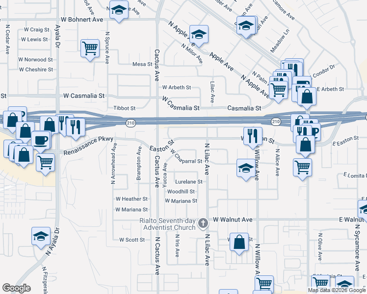 map of restaurants, bars, coffee shops, grocery stores, and more near 19416 Cromwell Street in Rialto