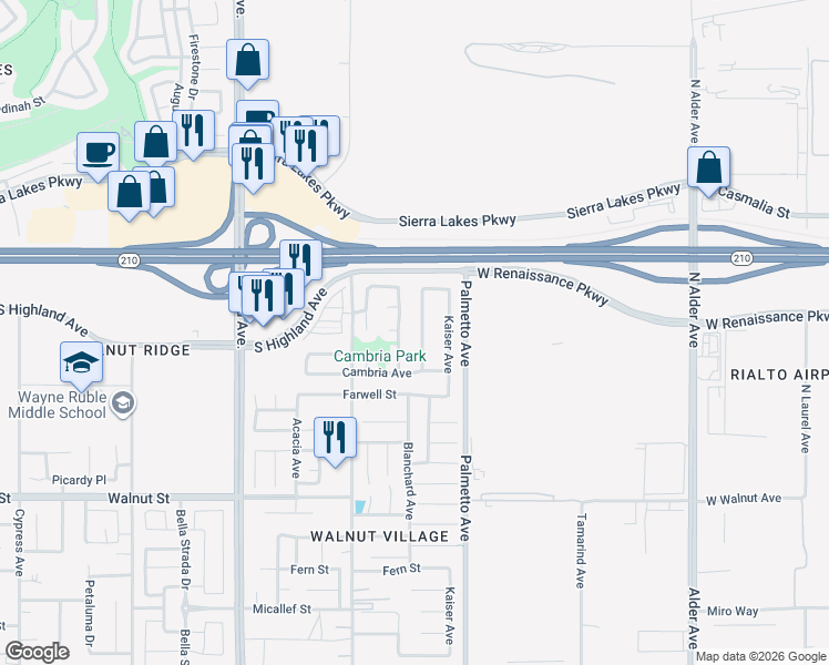 map of restaurants, bars, coffee shops, grocery stores, and more near 6593 Blanchard Avenue in Fontana