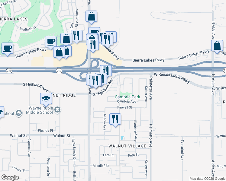 map of restaurants, bars, coffee shops, grocery stores, and more near 6578 Pacifica Avenue in Fontana