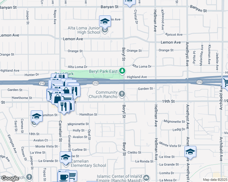map of restaurants, bars, coffee shops, grocery stores, and more near 9090 19th Street in Rancho Cucamonga