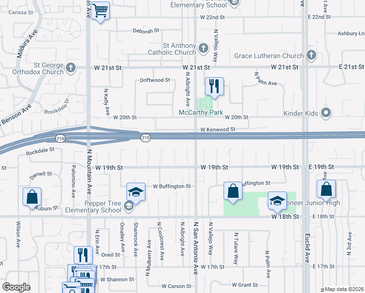 map of restaurants, bars, coffee shops, grocery stores, and more near 1940 North Abbie Way in Upland