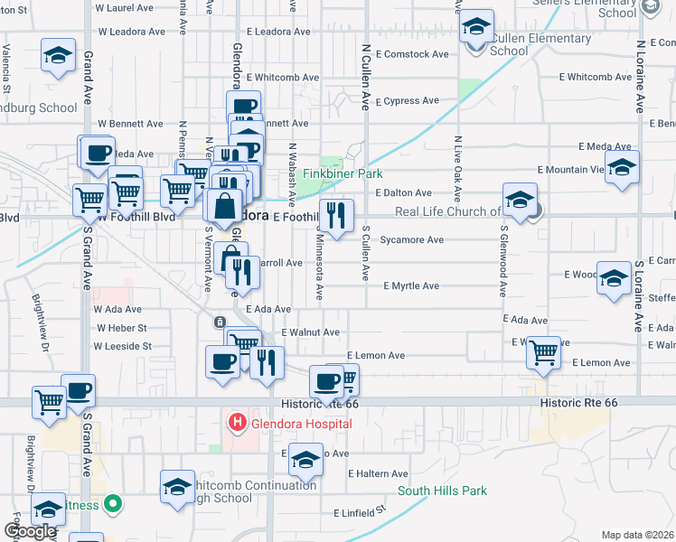 map of restaurants, bars, coffee shops, grocery stores, and more near 408 East Carroll Avenue in Glendora