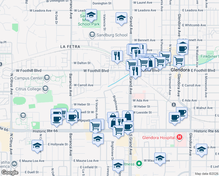 map of restaurants, bars, coffee shops, grocery stores, and more near 665 West Lochleven Street in Glendora