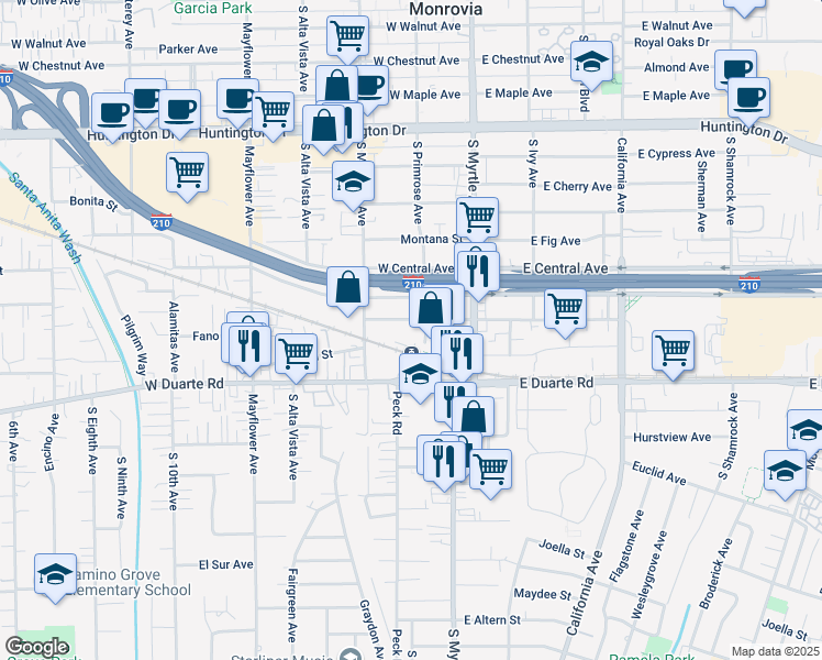 map of restaurants, bars, coffee shops, grocery stores, and more near 204 West Pomona Avenue in Monrovia