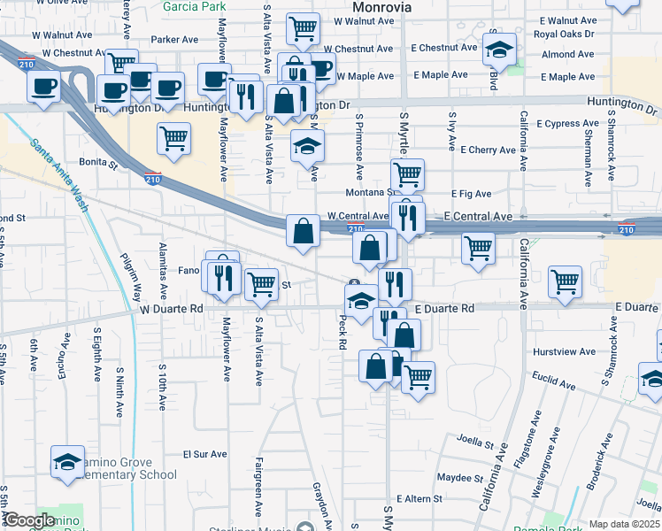 map of restaurants, bars, coffee shops, grocery stores, and more near 1633 South Magnolia Avenue in Monrovia