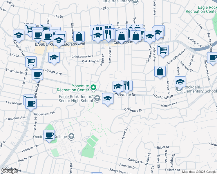 map of restaurants, bars, coffee shops, grocery stores, and more near 4839 Mount Royal Drive in Los Angeles