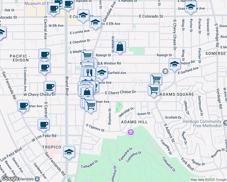 map of restaurants, bars, coffee shops, grocery stores, and more near 601 East Chevy Chase Drive in Glendale