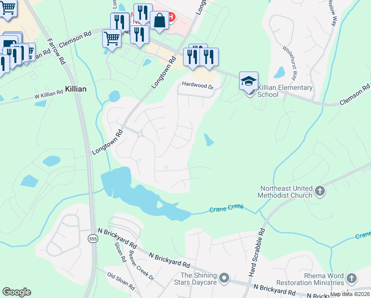 map of restaurants, bars, coffee shops, grocery stores, and more near 11 Hardwood Court in Columbia